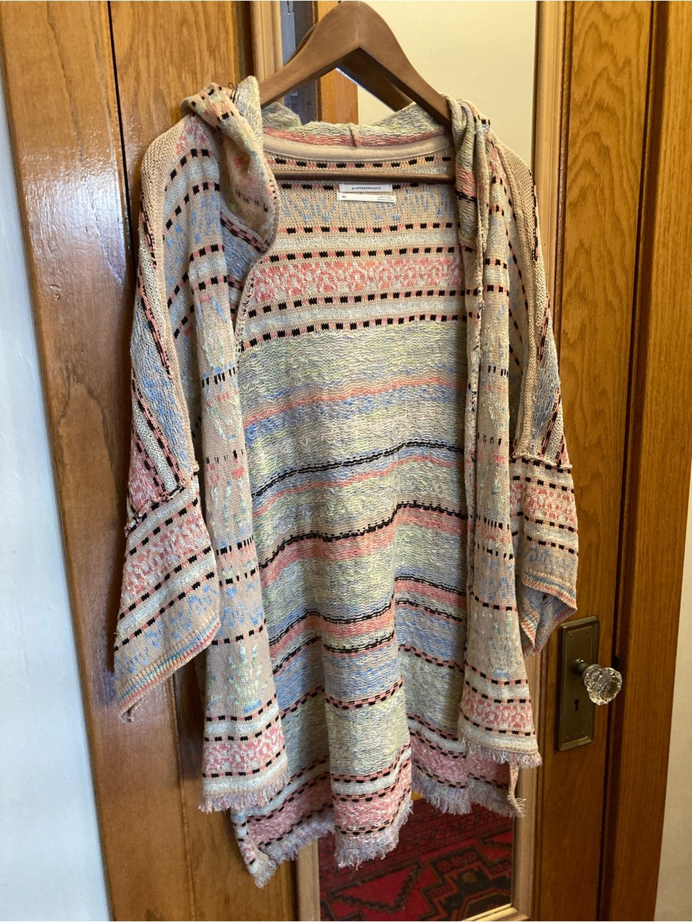 Anthropologie Metallic Geometric Hooded Wrap Cardigan Pink Blue Beige M/L Fringe